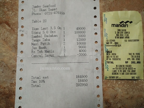 harga makanan di jumbo seafood lampung