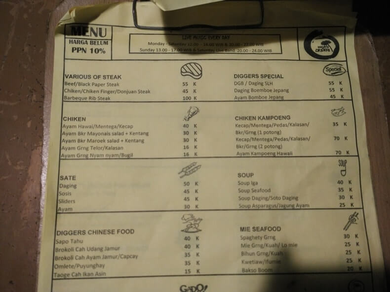 Menu Makanan di Warung Diggers Lampung