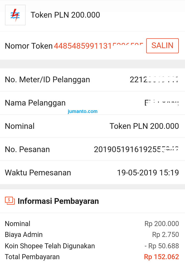 Contoh Nomor Token Listrik PLN Prabayar Saya Beli Online Lewat HP