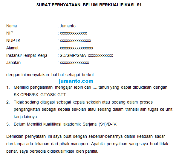 Contoh Surat Pernyataan Belum Berkualifikasi S1 Untuk Guru