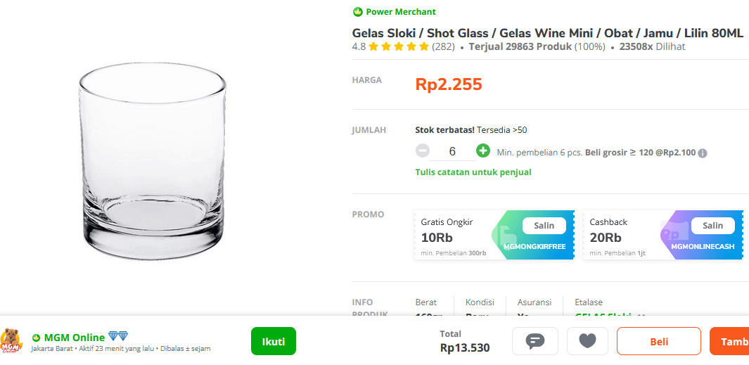 gelas ukuran 80 mililiter
